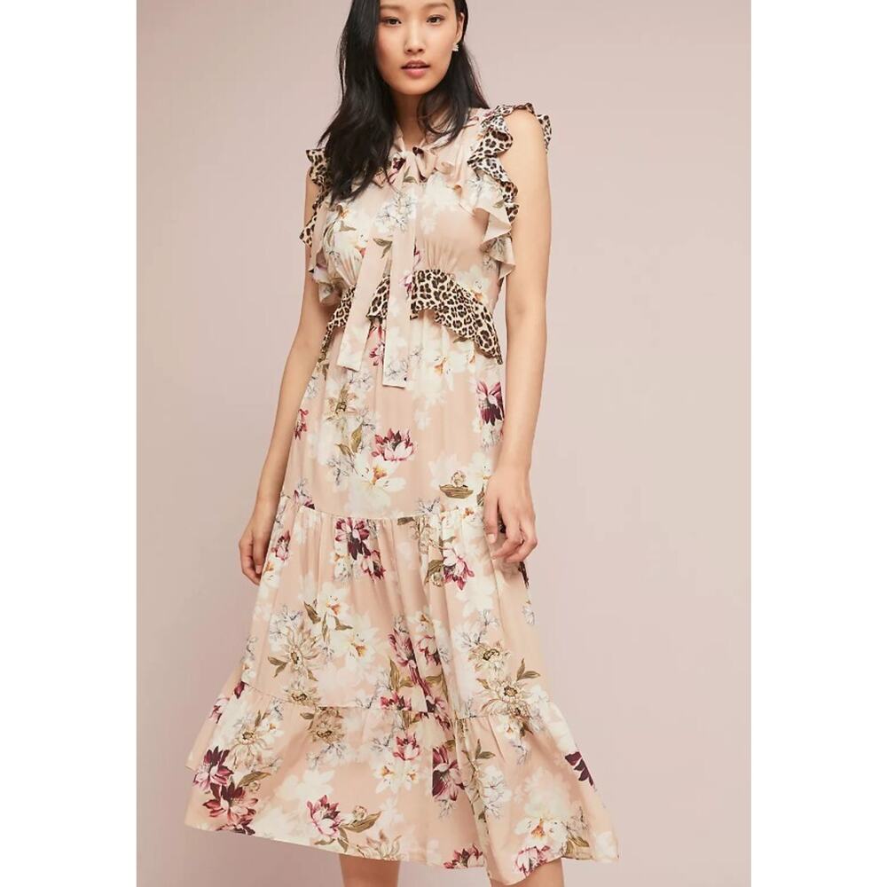 KACHEL ANTHROPOLOGIE Silk Sedona Sunrise Floral Maxi Midi Dress Tiered 6 P $379